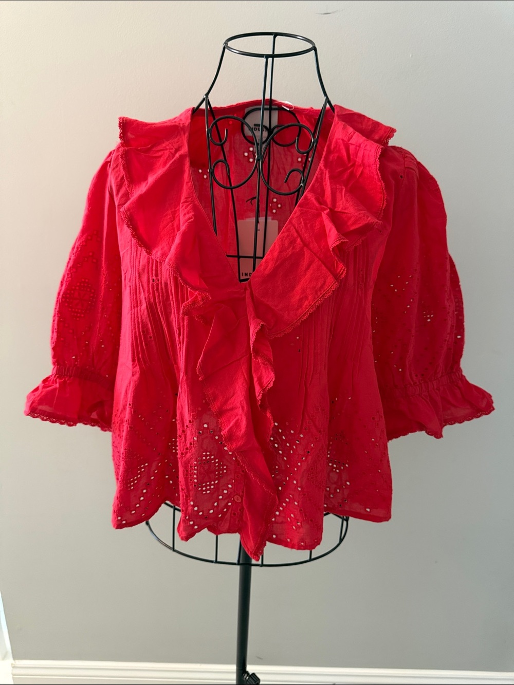 Women's Red Ruffle Eyelet Blouse - Feminine V-Neck Top